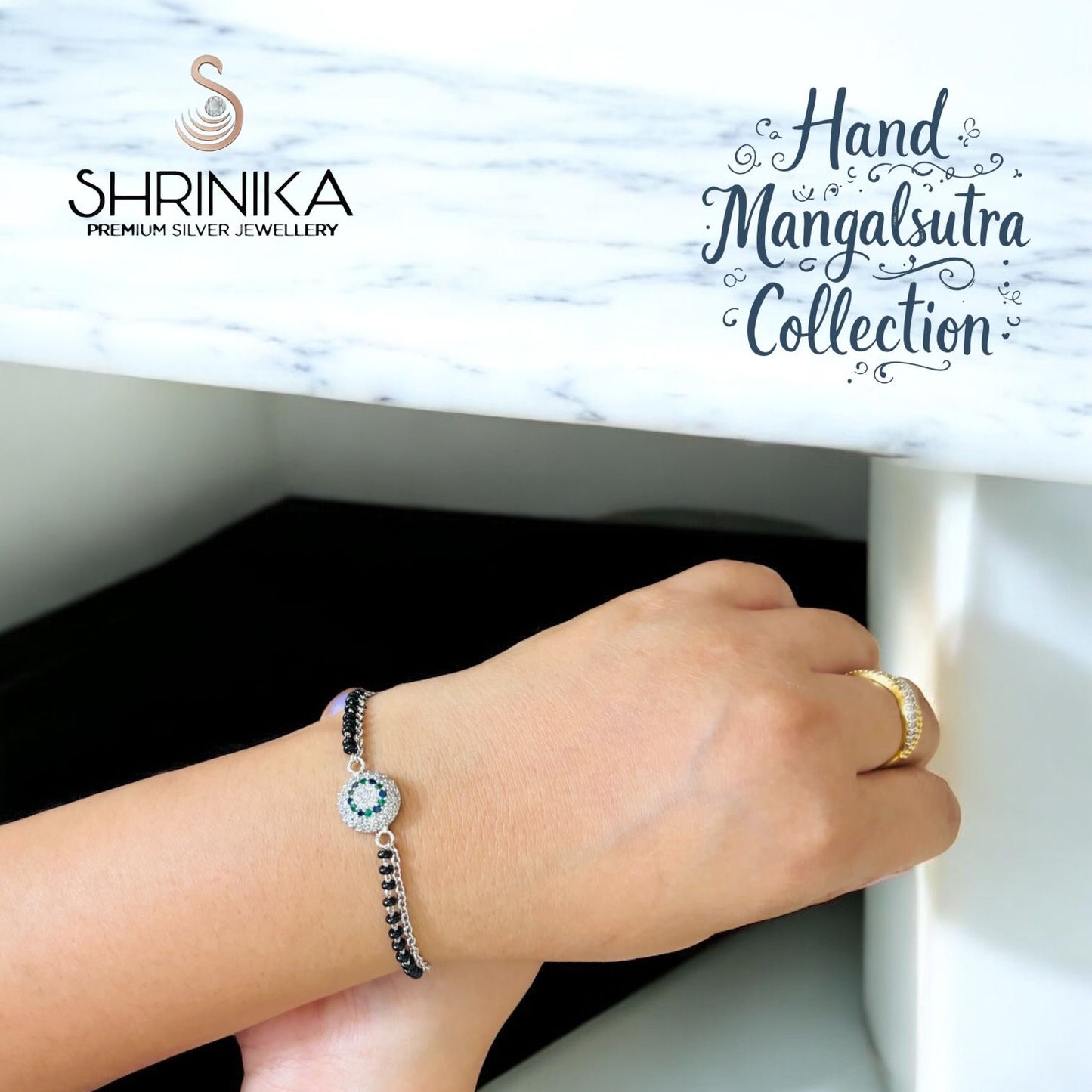 Elegant Sapphire hue hand silver mangalsutra