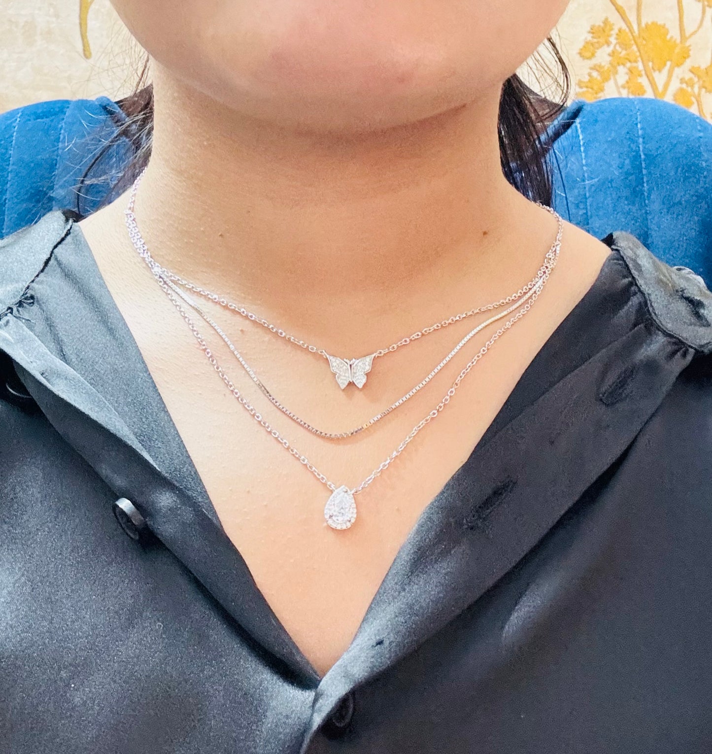 Triple chain Rhodium plated silver necklace