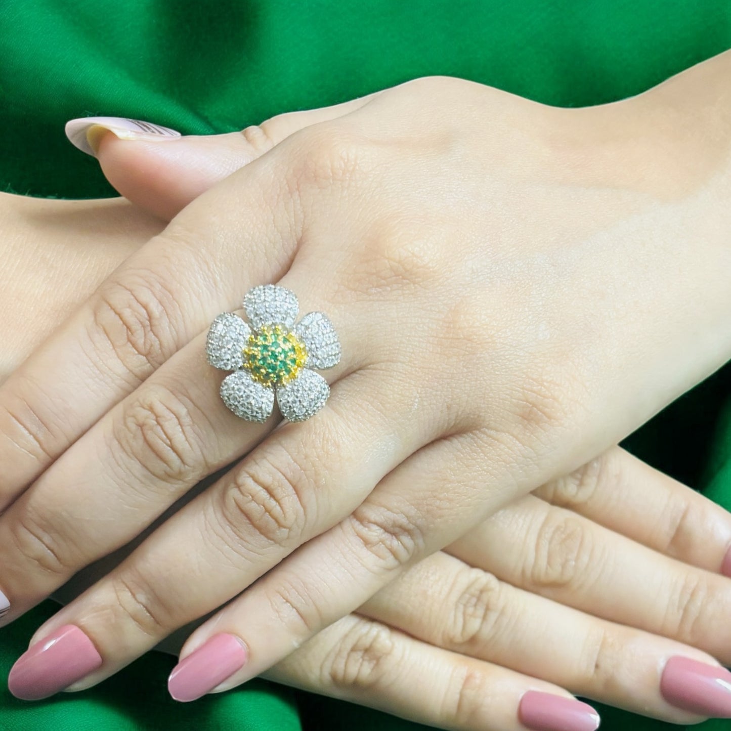 Multitone Petals CZ Cocktail Adjustable Ring