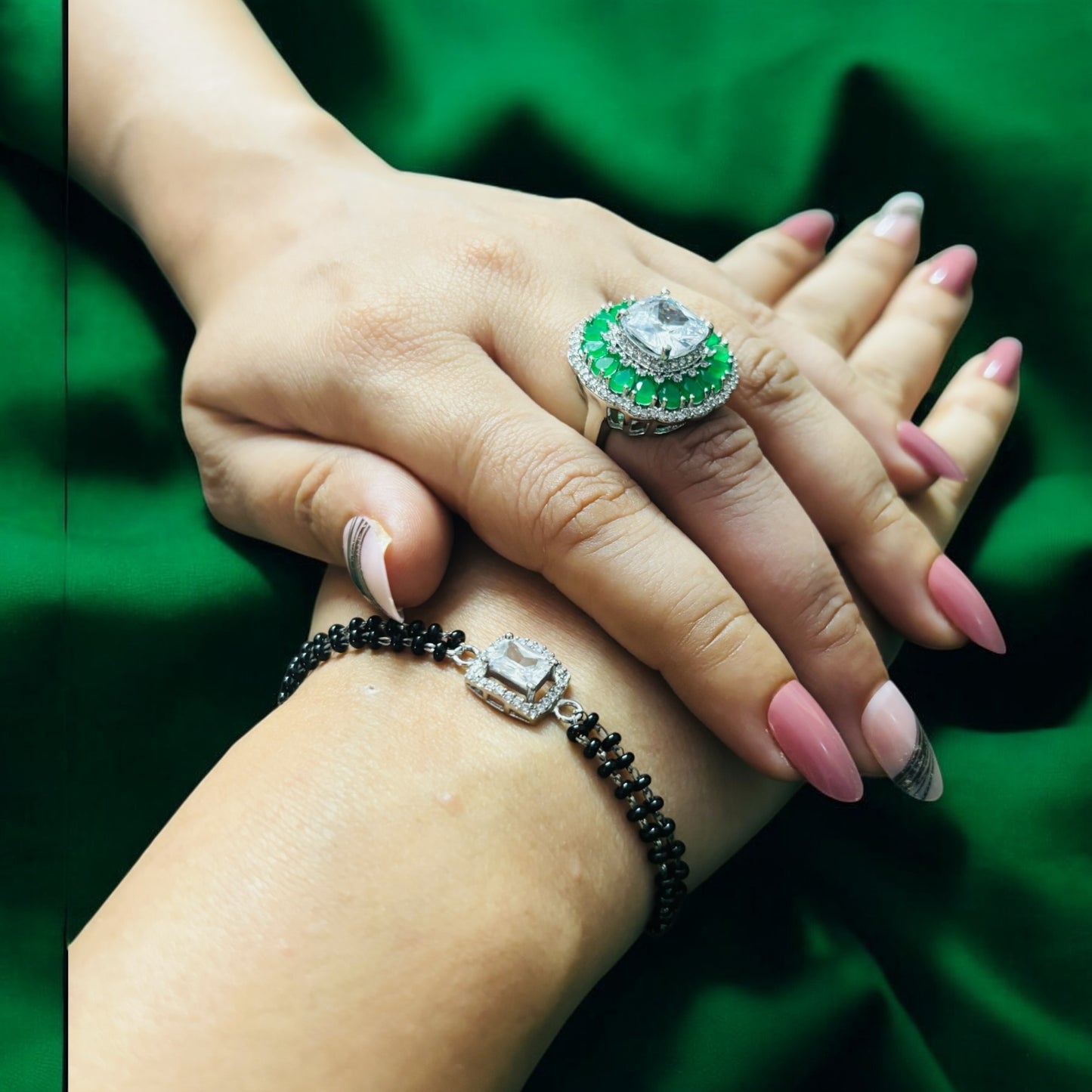 Emareld studded diamond Cocktail adjustable ring