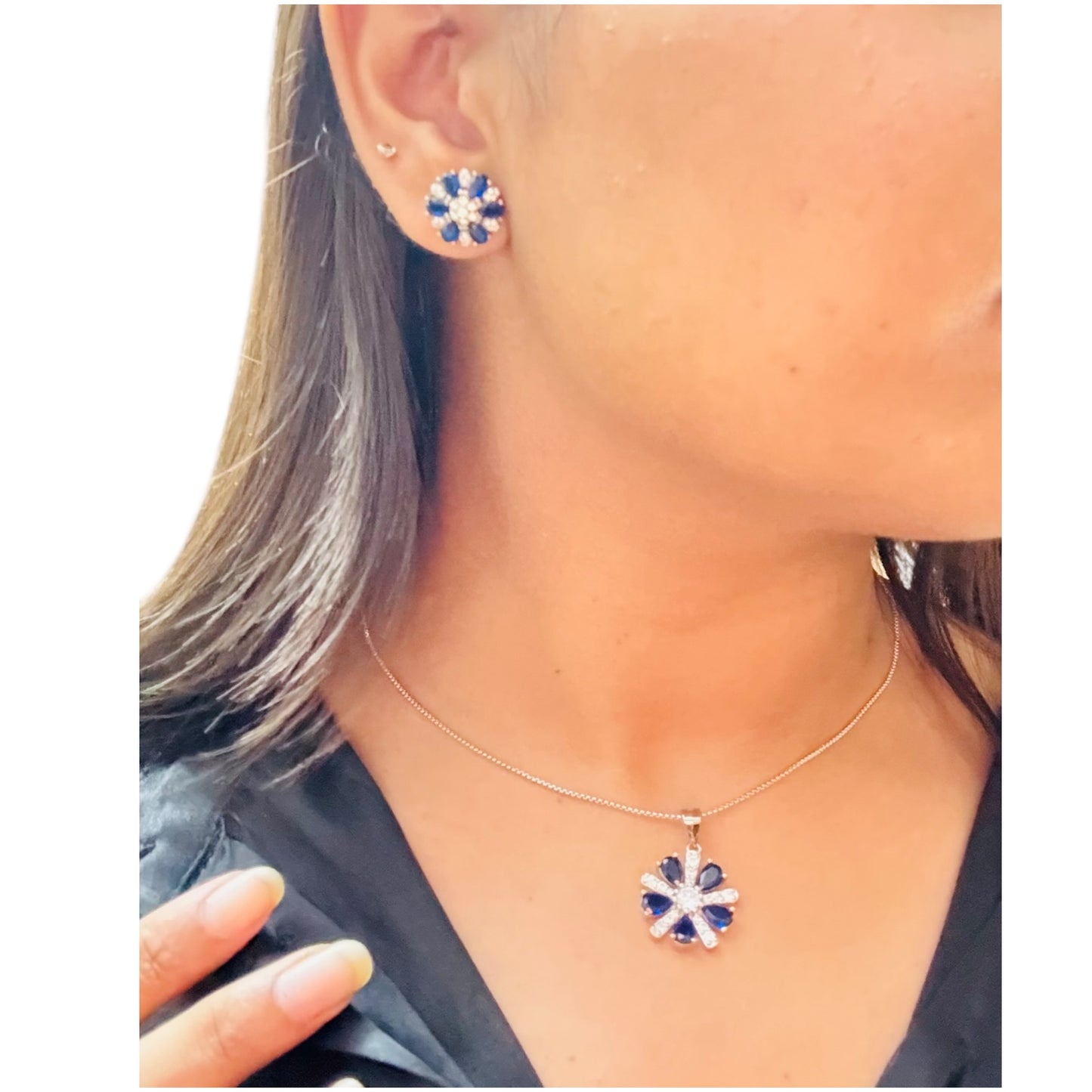 Sapphire floral cut pendant set