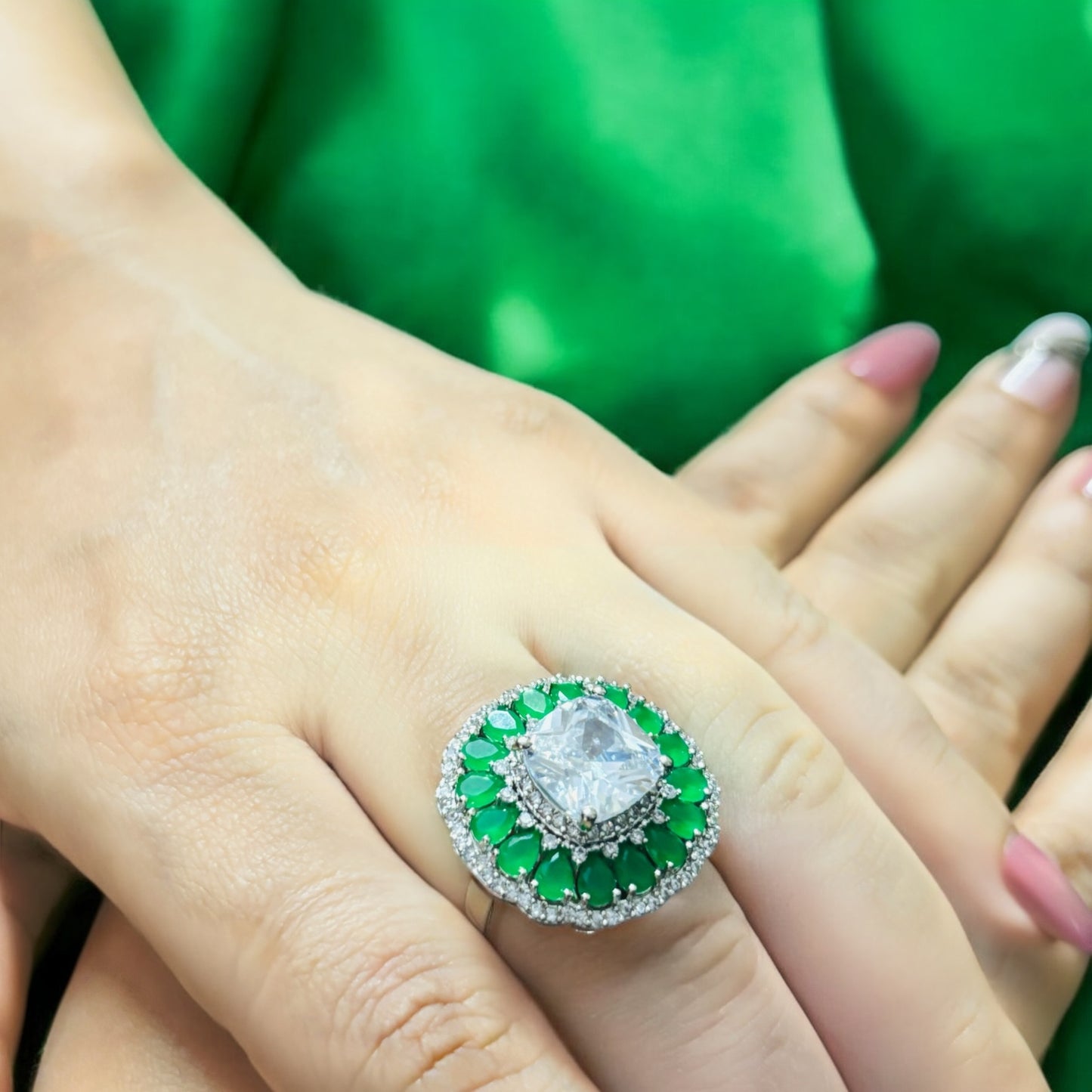 Emareld studded diamond Cocktail adjustable ring