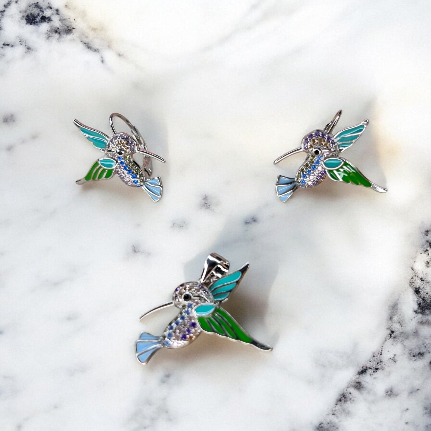 Colorful Humming bird silver pendant set