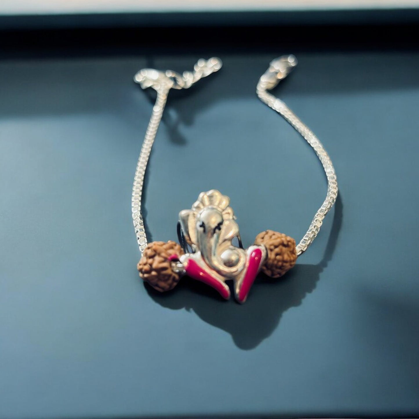 Ganesh with Rudraksh beads Men's Silver Bracelet
