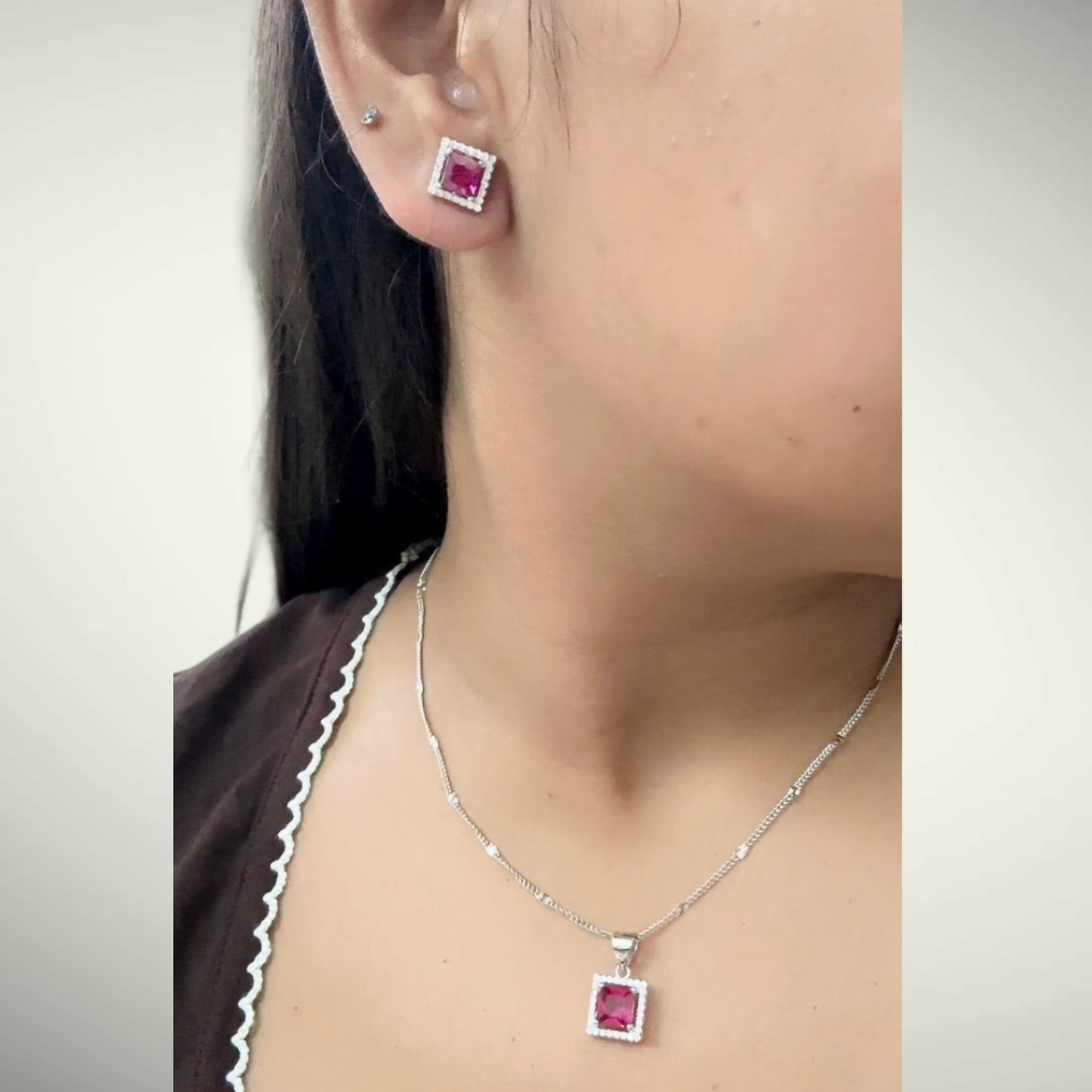 Square Cut Precious stone Pendant Set