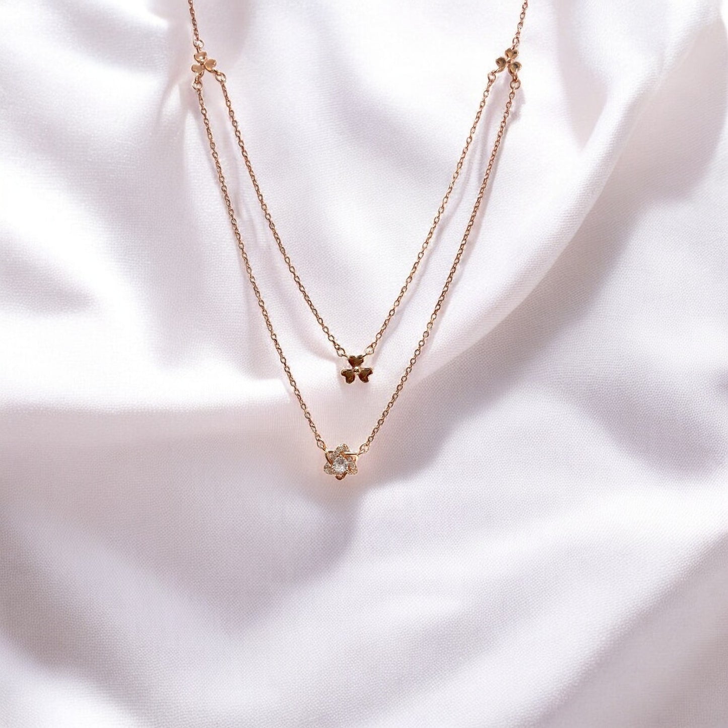 Double layer floral rose gold necklace