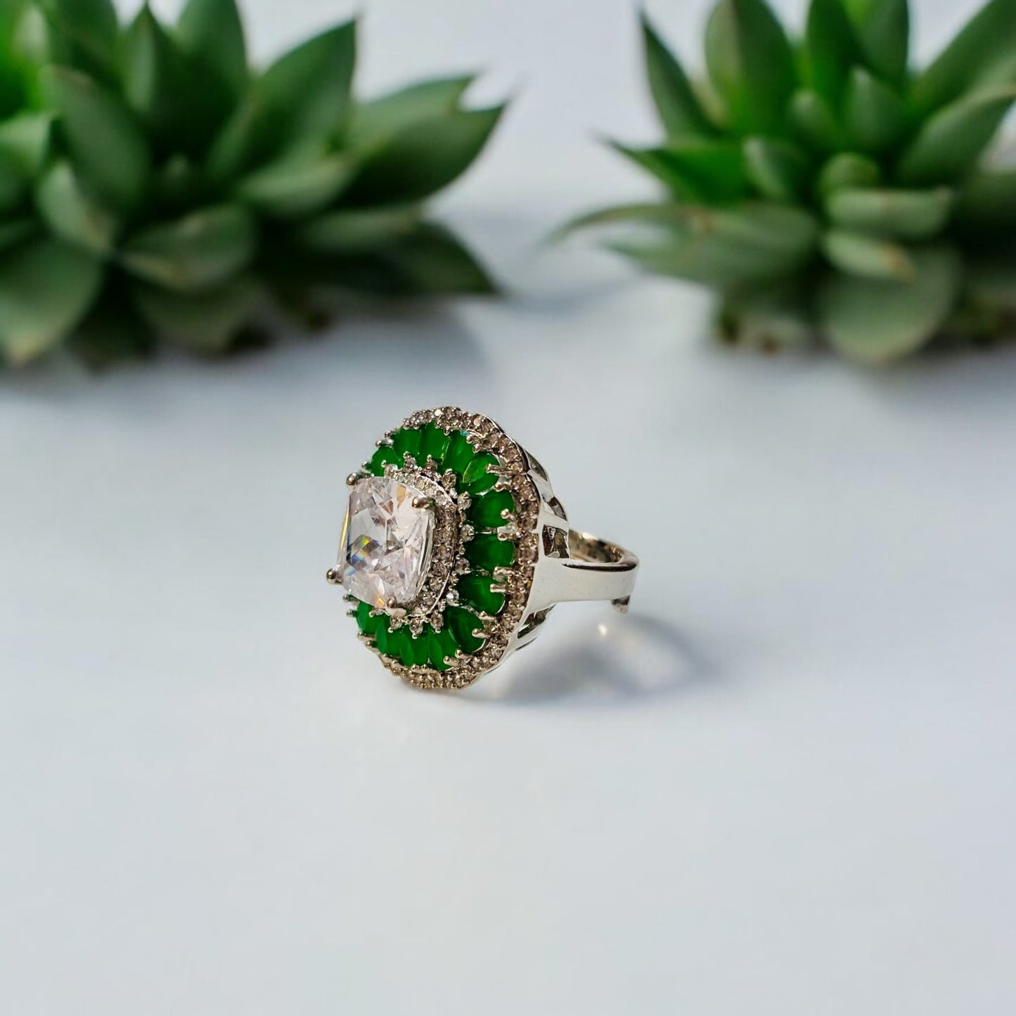 Emareld studded diamond Cocktail adjustable ring