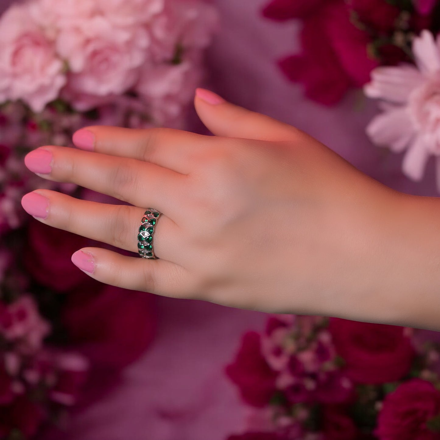 Emerald Studded Silver Band