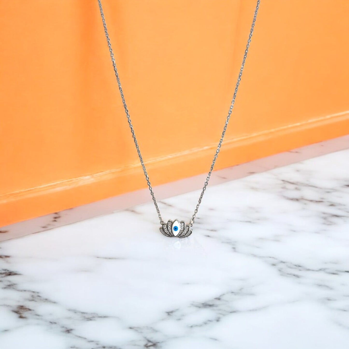 Evil Eye Lotus silver pendant chain