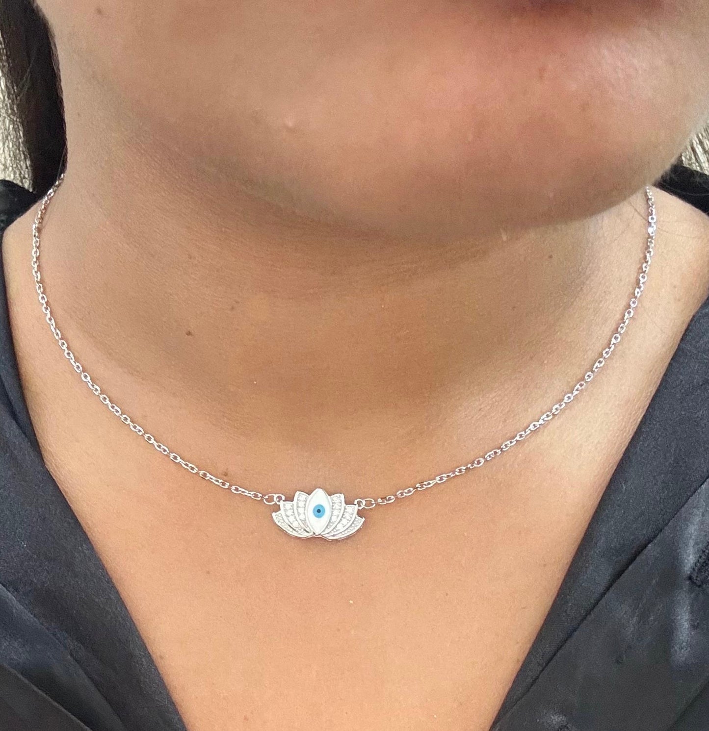 Evil Eye Lotus silver pendant chain