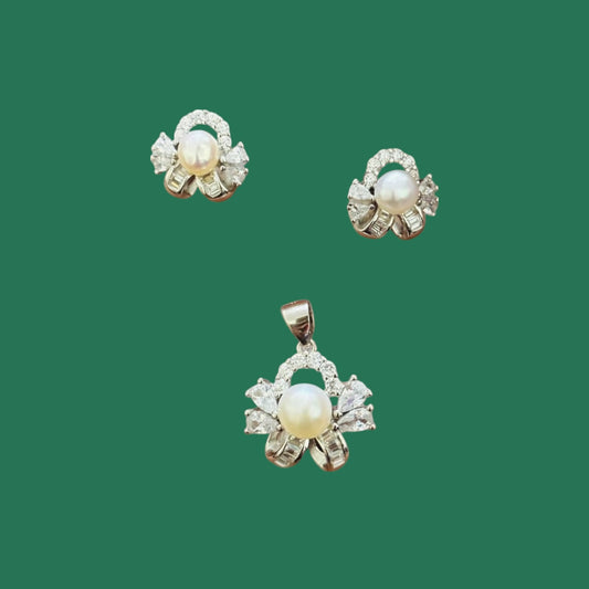 Floral Bow pearl silver pendant set
