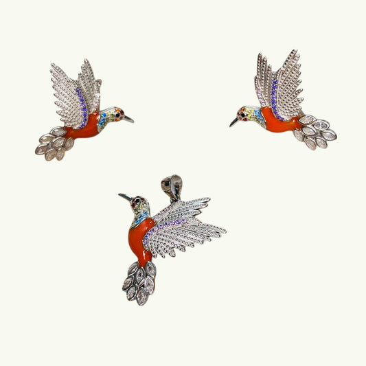 Fly high Orange Humming bird pendant set