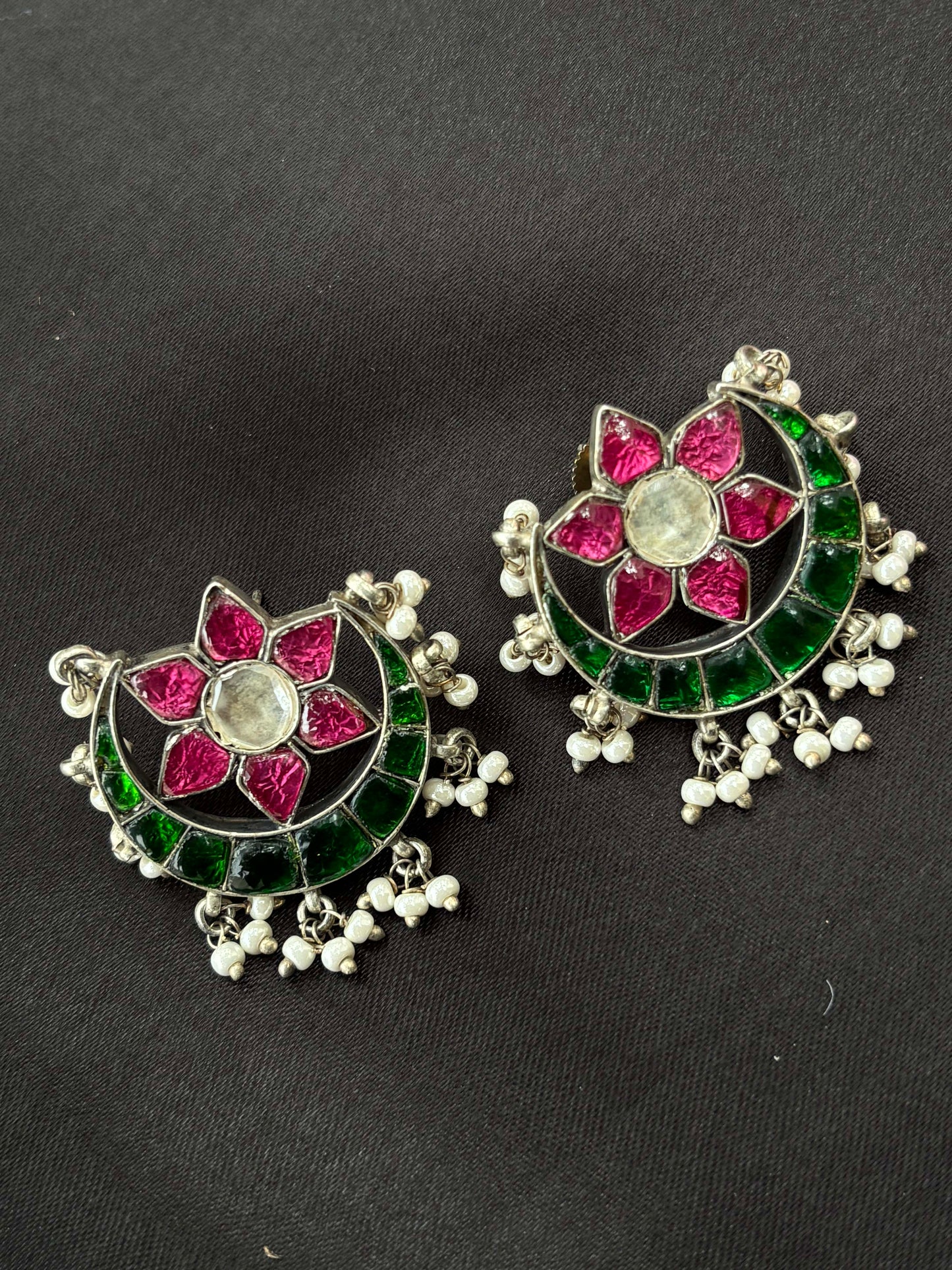 Multistone oxidised Chandbali 925 Silver studs