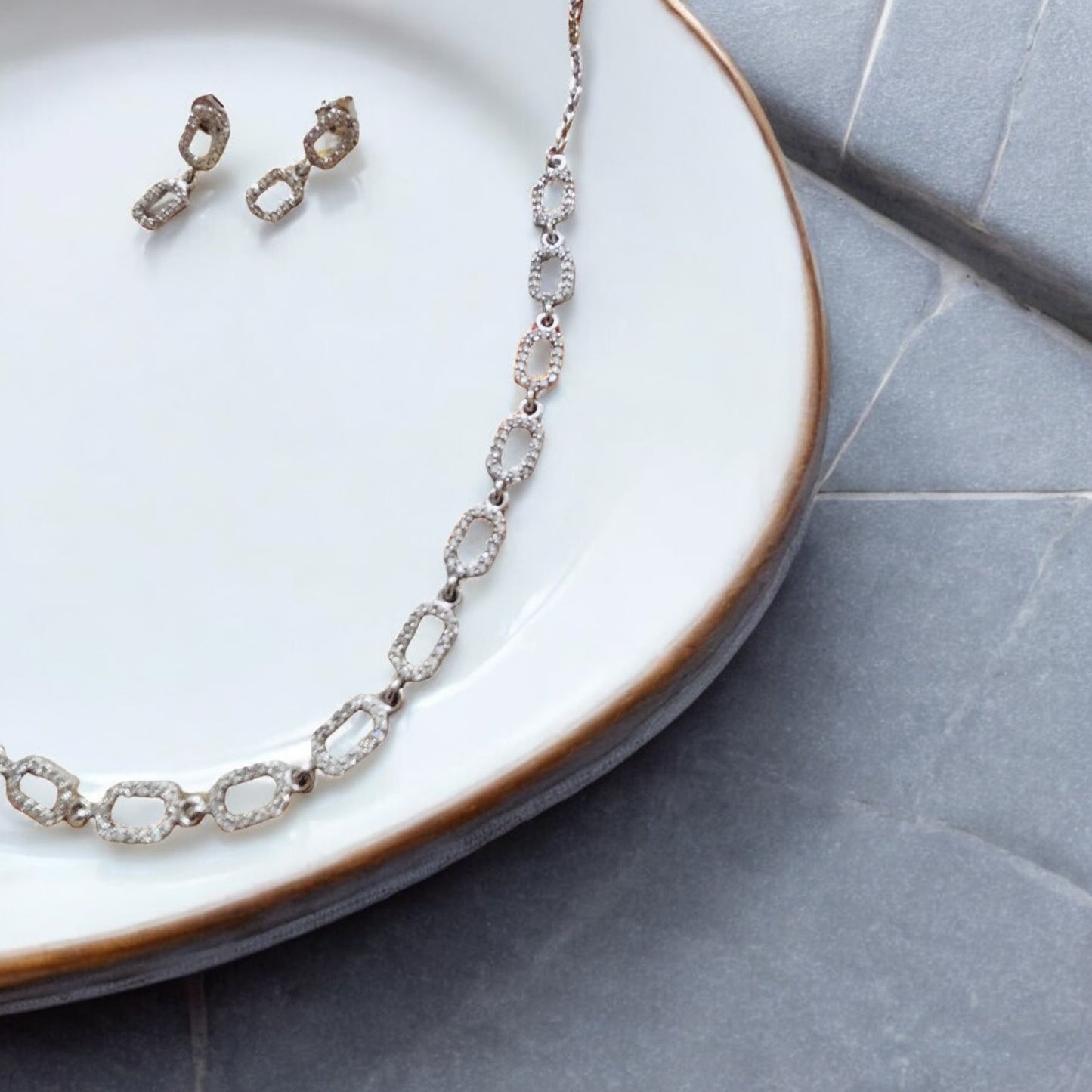 Interlink Silver CZ Necklace Set