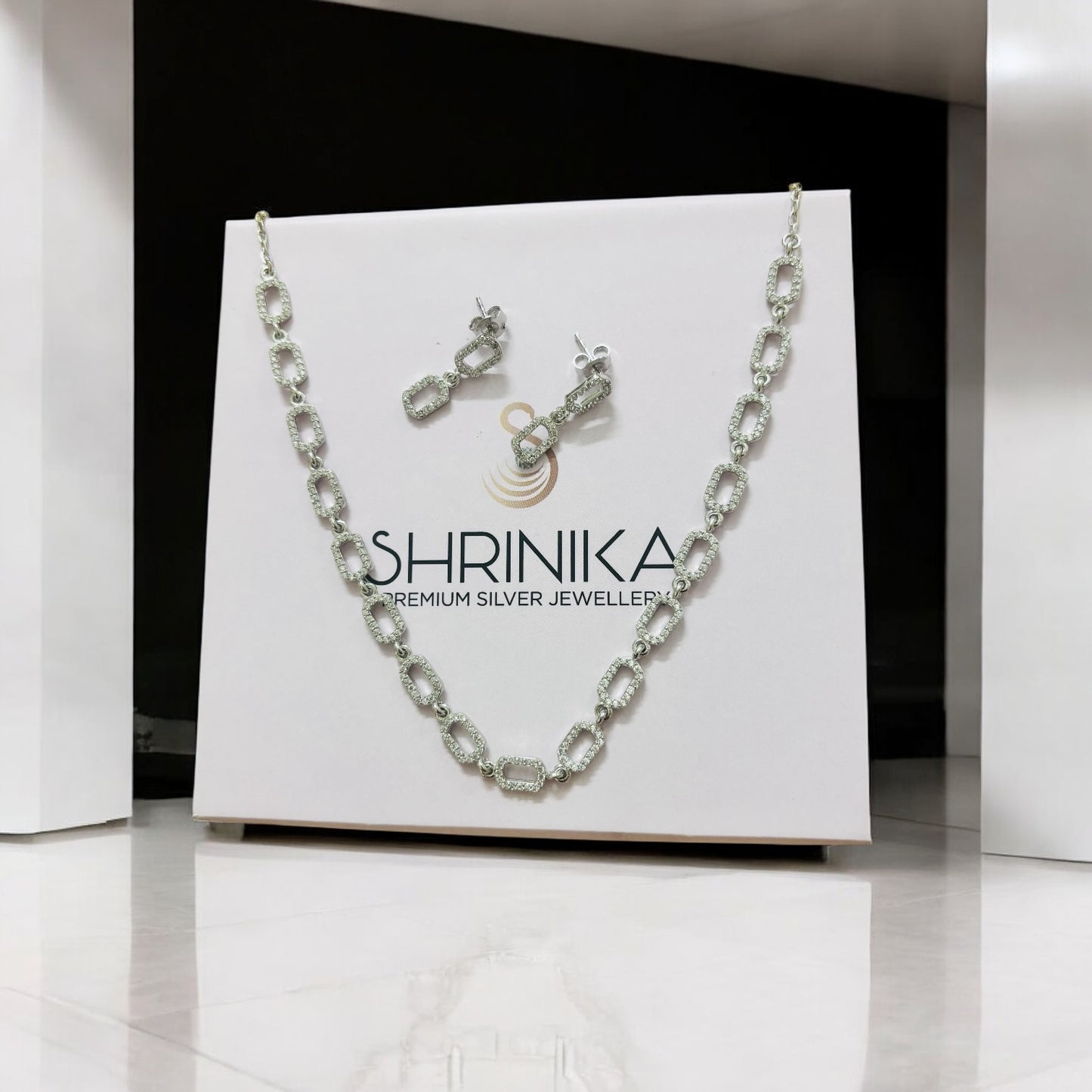Interlink Silver CZ Necklace Set