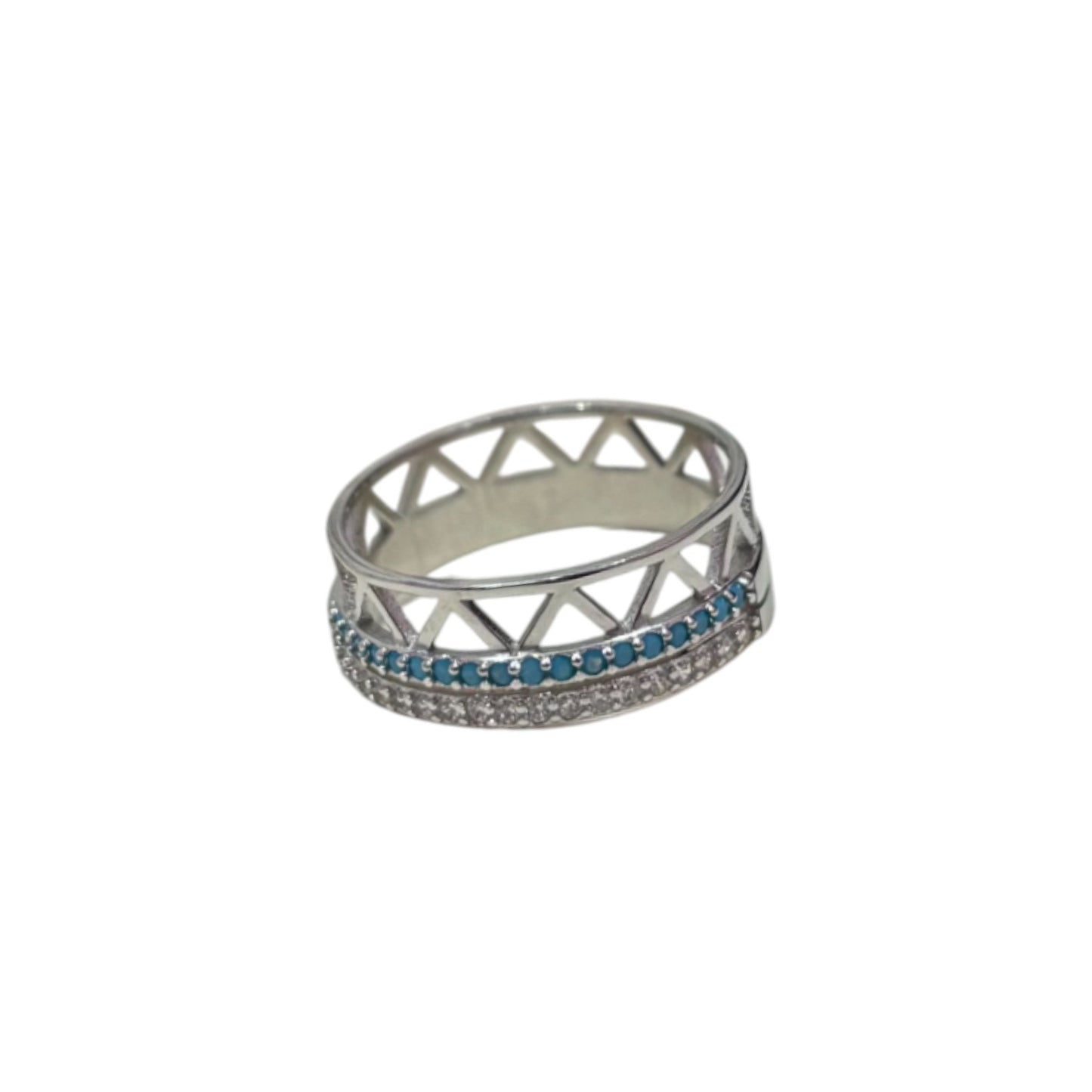 Silver ring with blue gemstones on a white background