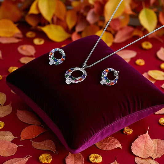 Multicolour statement oval Silver pendant set