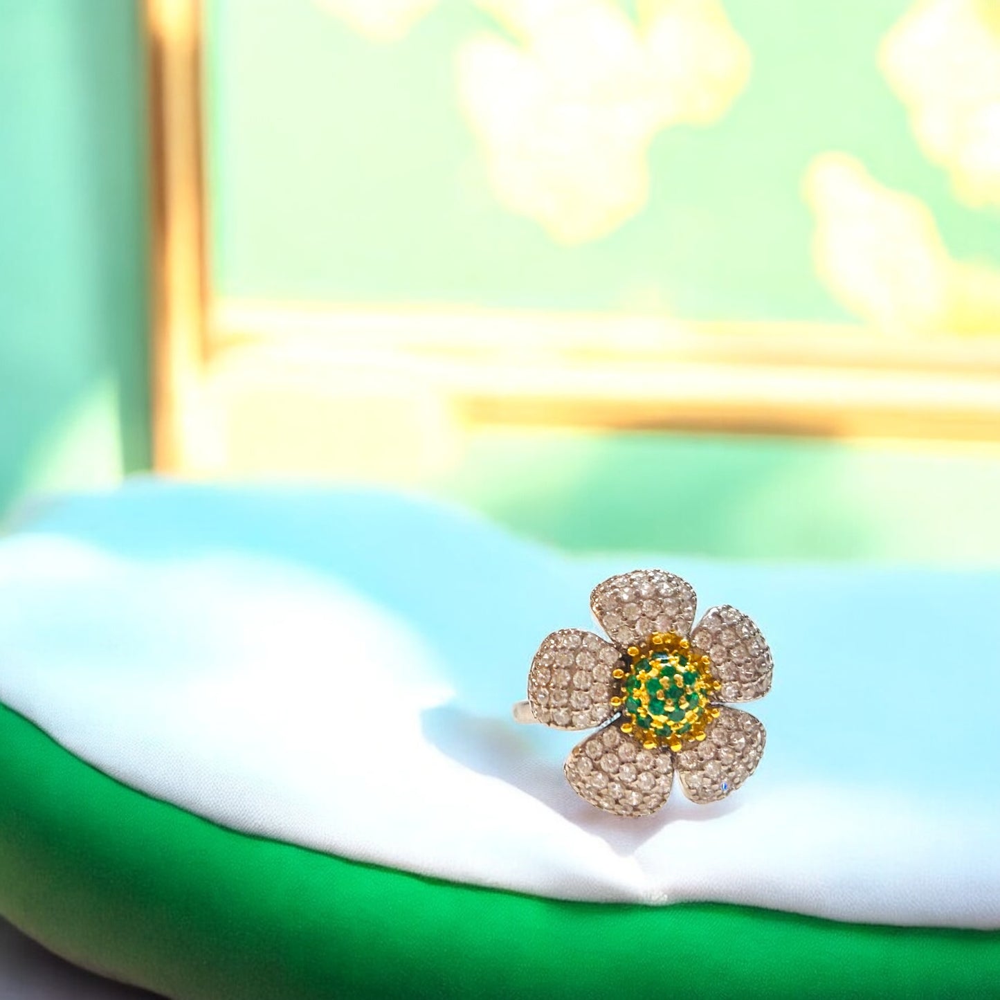 Multitone Petals CZ Cocktail Adjustable Ring