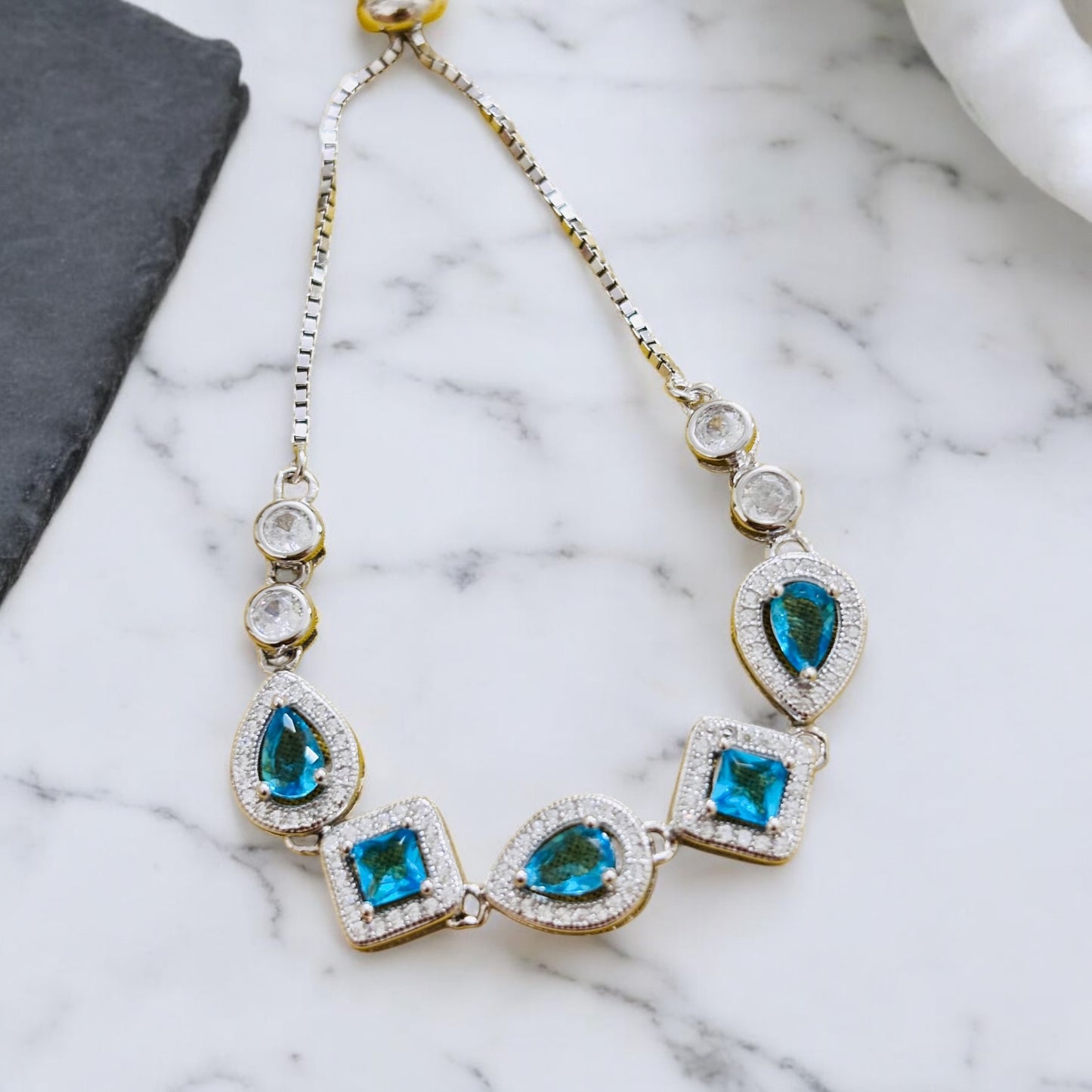 Ocean Blue Sapphire Stone Silver Bracelet