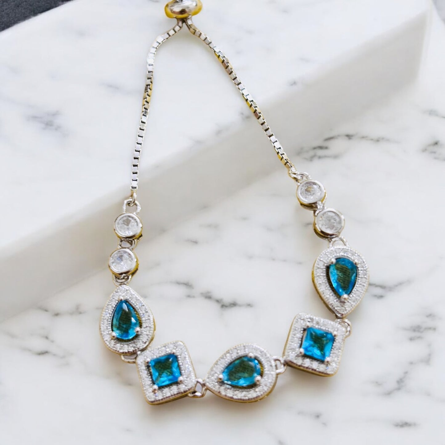 Ocean Blue Sapphire Stone Silver Bracelet
