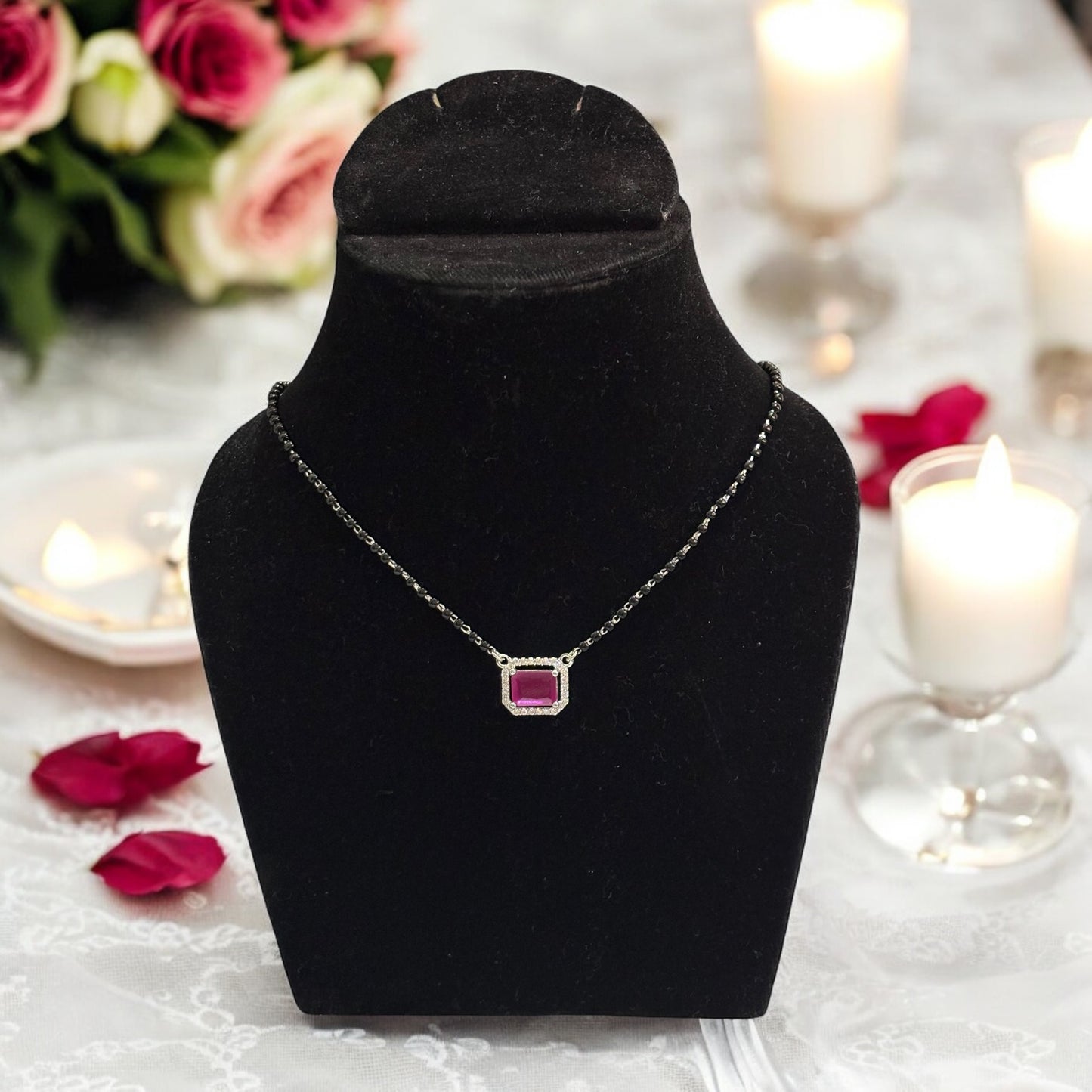 Ruby drop silver Mangalsutra Necklace