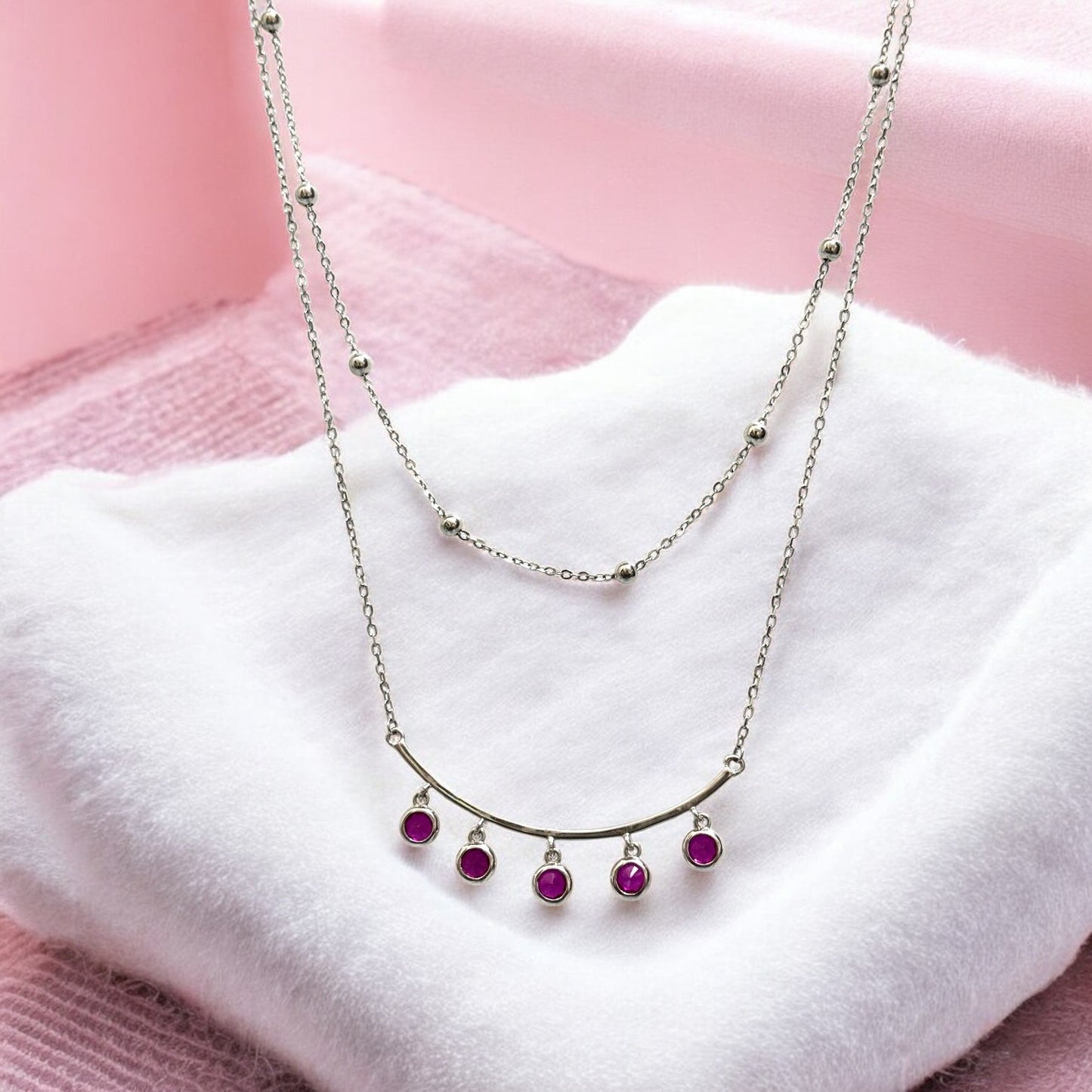 Ruby stone drop double layer silver necklace