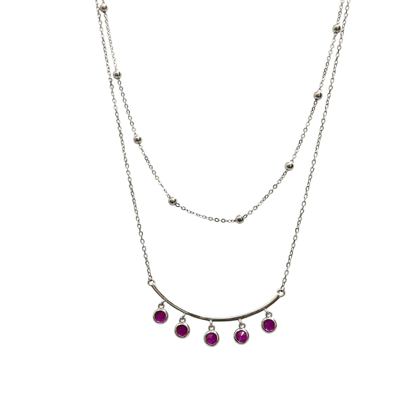 Ruby stone drop double layer silver necklace
