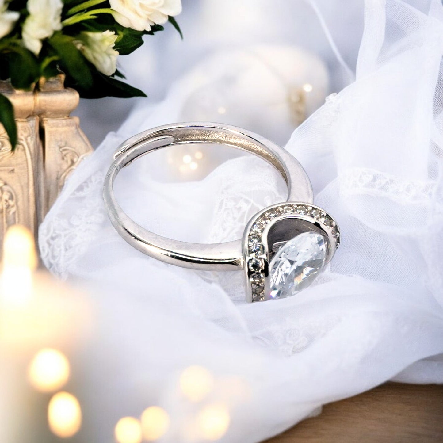 Silver Moon Studded Adjustable Ring