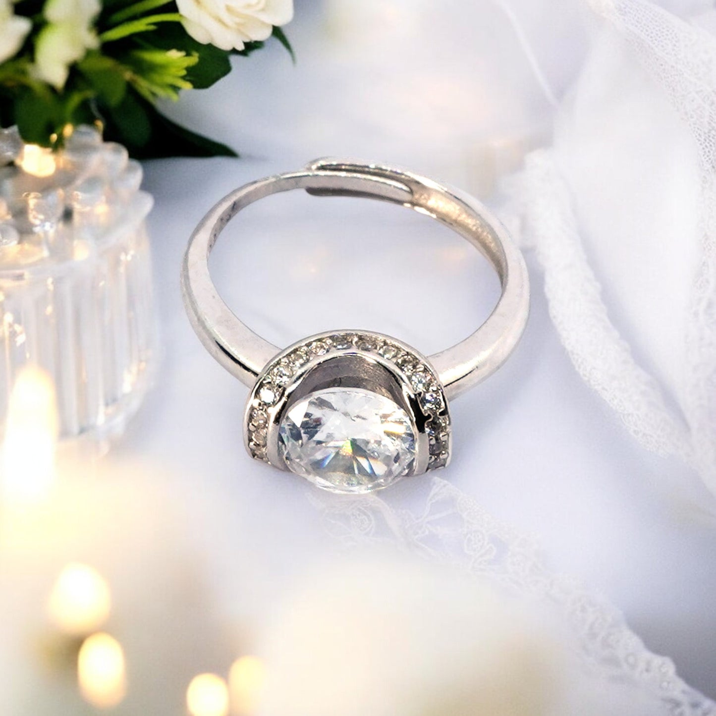 Silver Moon Studded Adjustable Ring