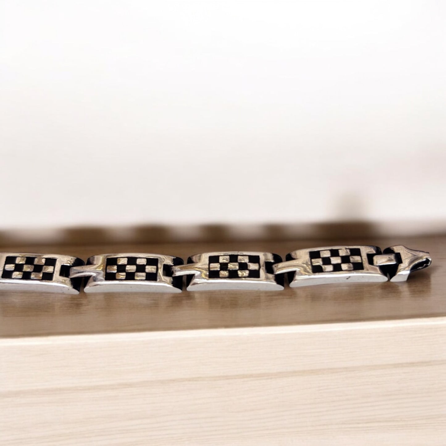 Sleek Checkerboard Men Silver Bracelet