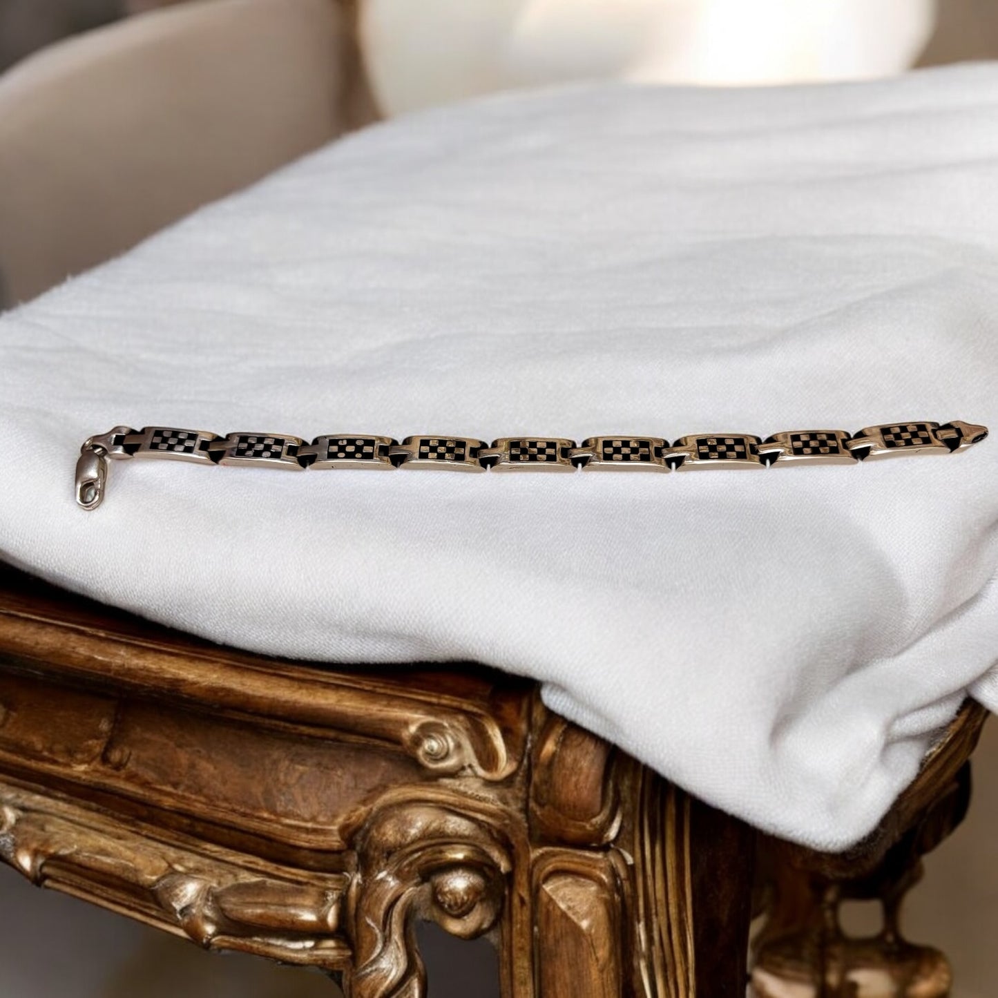 Sleek Checkerboard Men Silver Bracelet