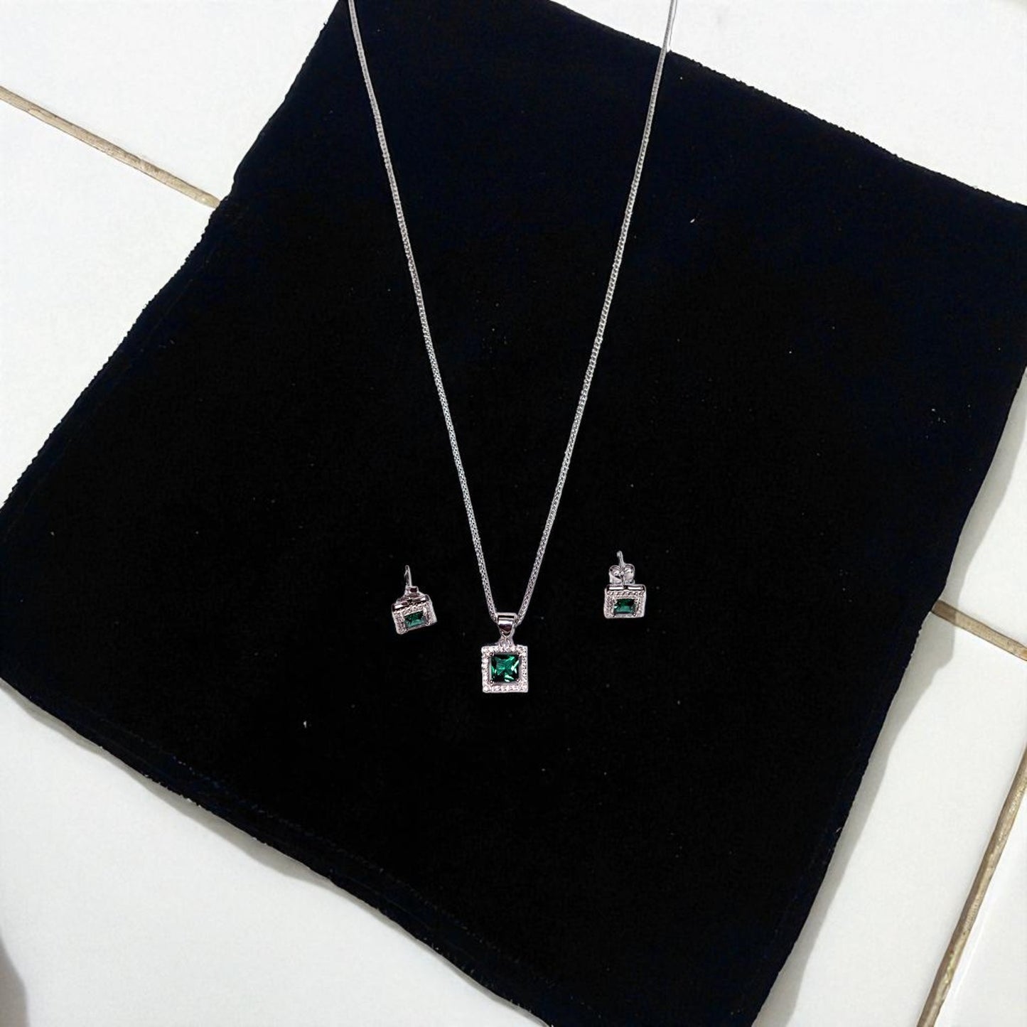 Square Cut Precious stone Pendant Set