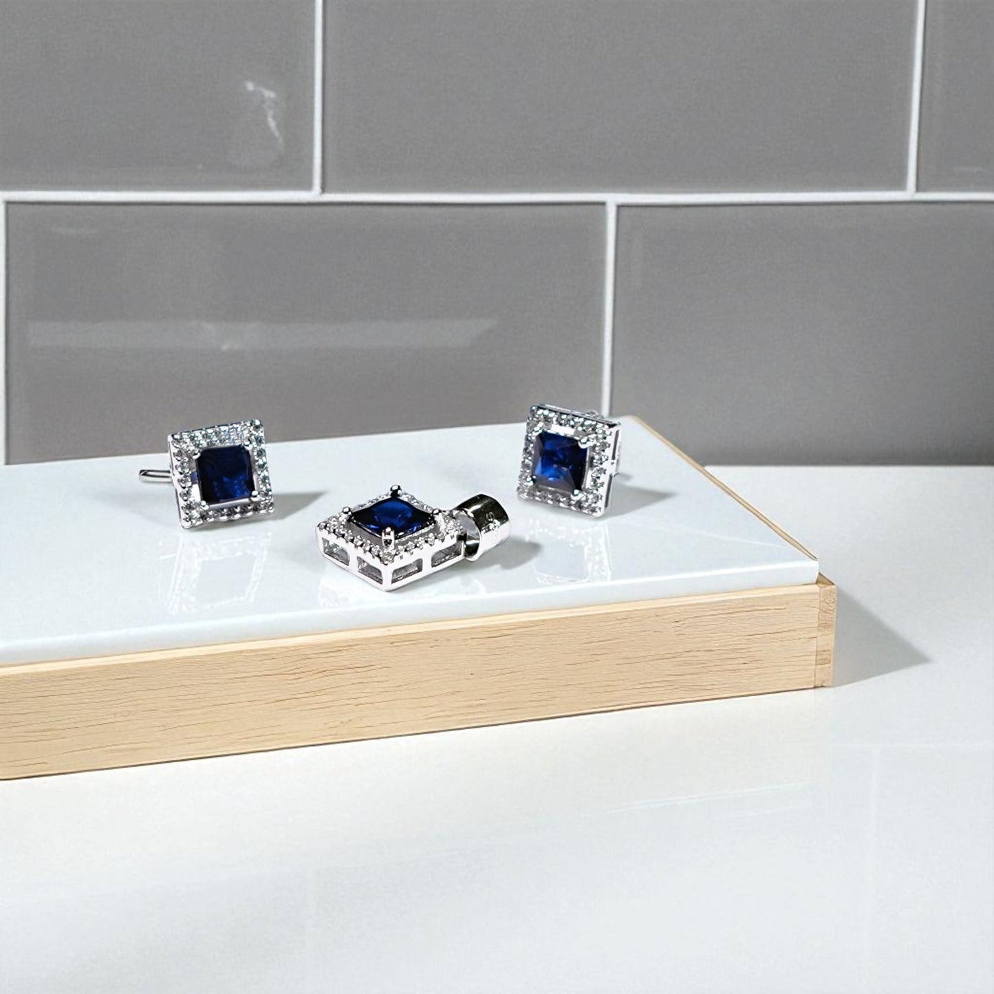 Square Cut Precious stone Pendant Set