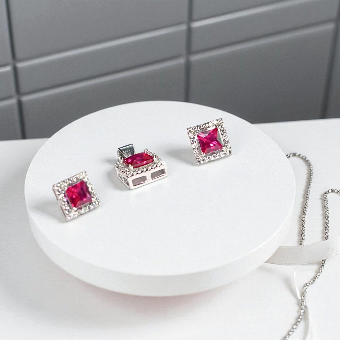 Square Cut Precious stone Pendant Set