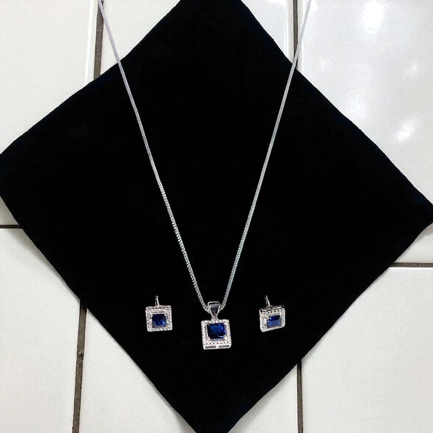 Square Cut Precious stone Pendant Set