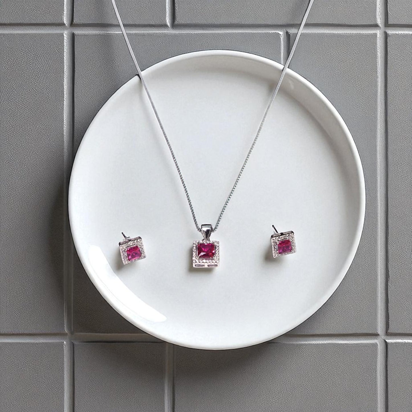 Square Cut Precious stone Pendant Set