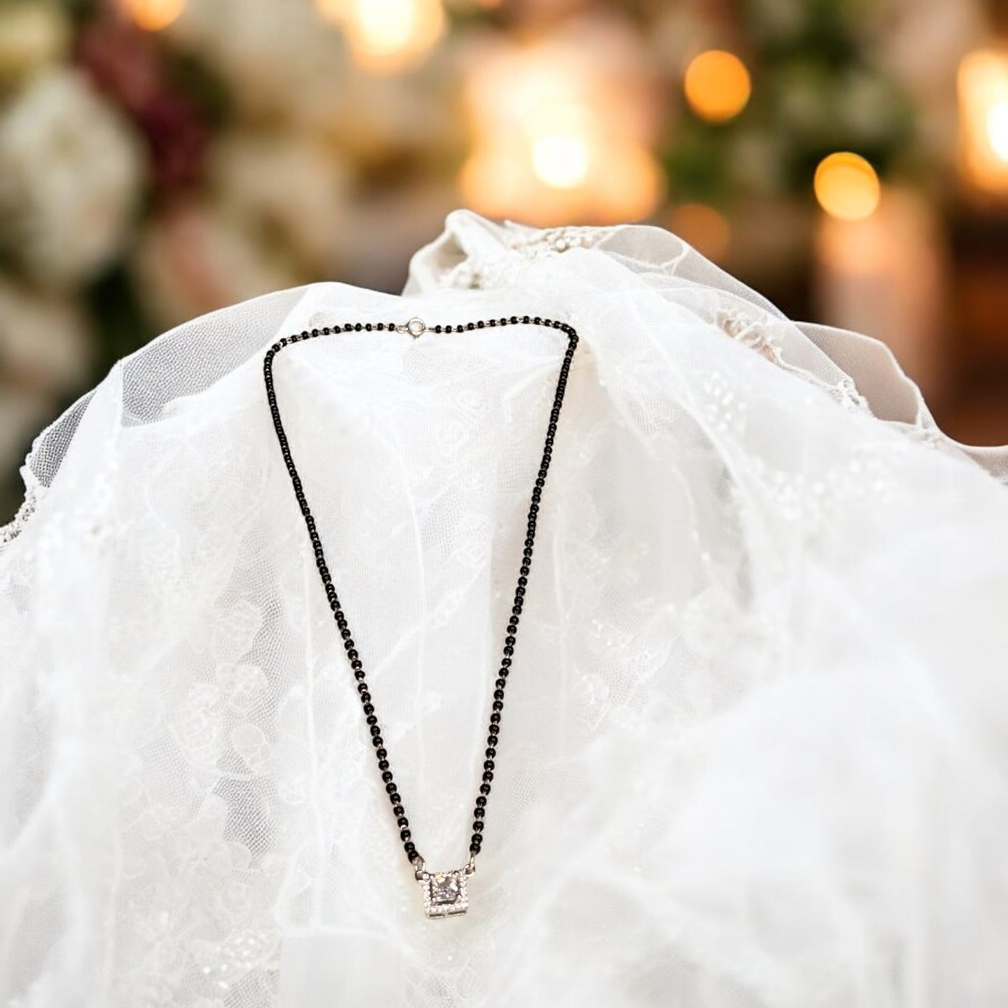 Square cut solitaire silver Mangalsutra Necklace