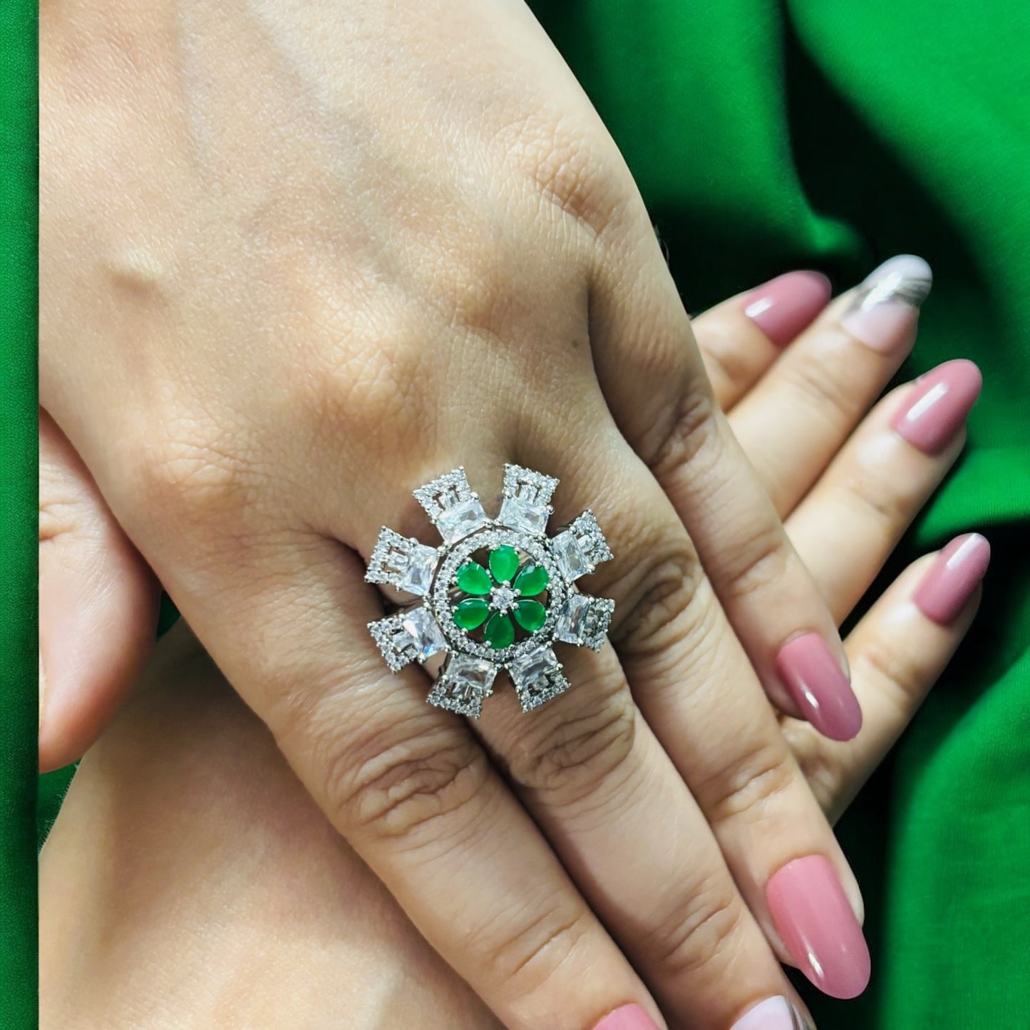 Verdant Flame – Emerald CZ Cocktail Ring in 925 Silver