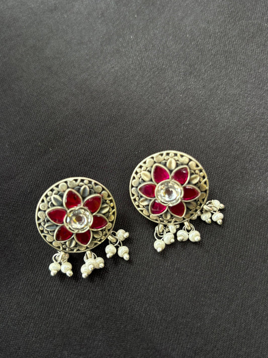 Circular oxidised ruby floral earring