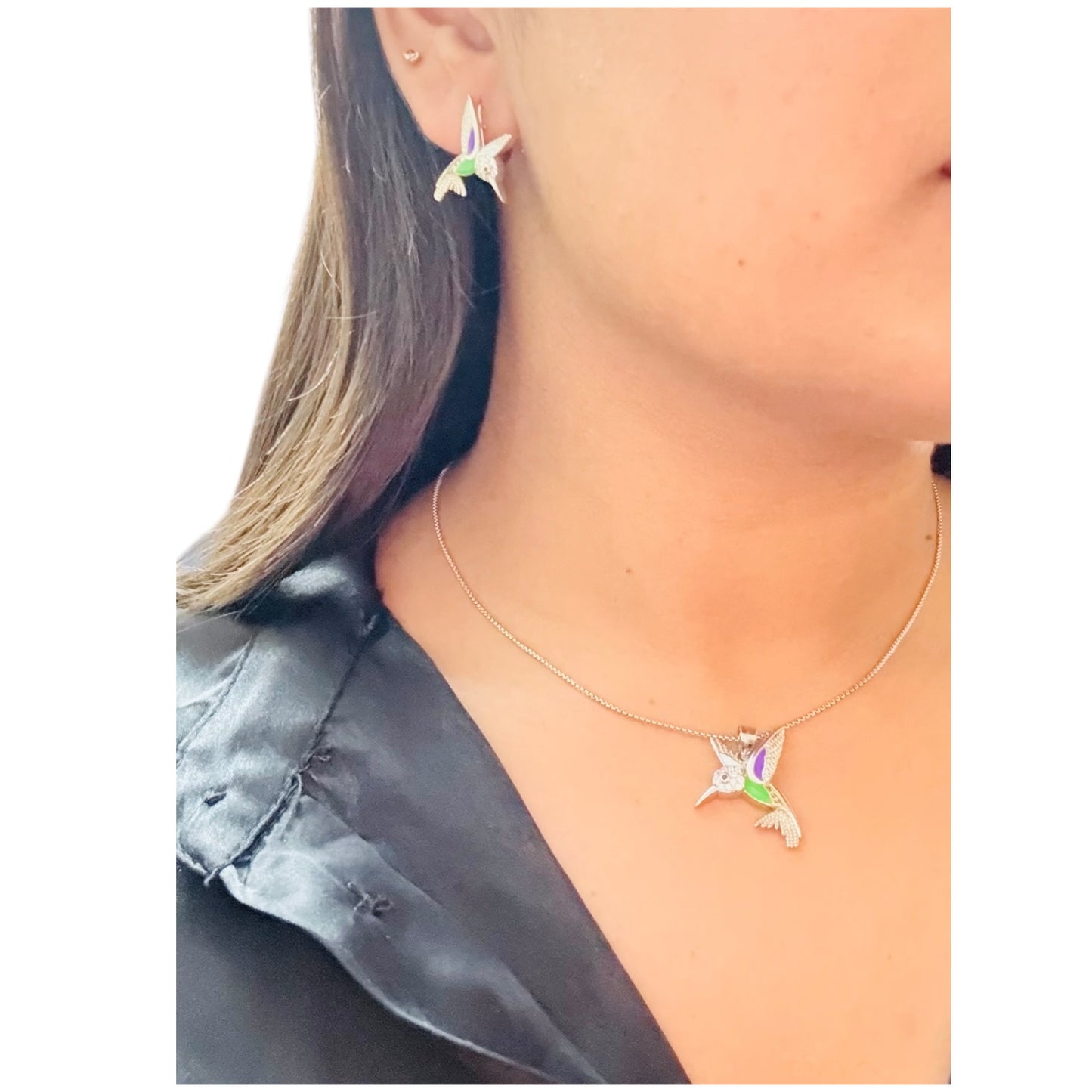 Cute hummingbird 925 silver pendant set
