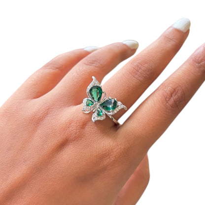 Emerald Majestic Butterfly Silver Ring