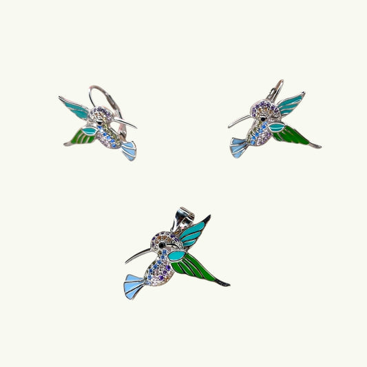 Colorful Humming bird silver pendant set