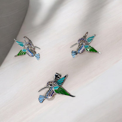 Colorful Humming bird silver pendant set