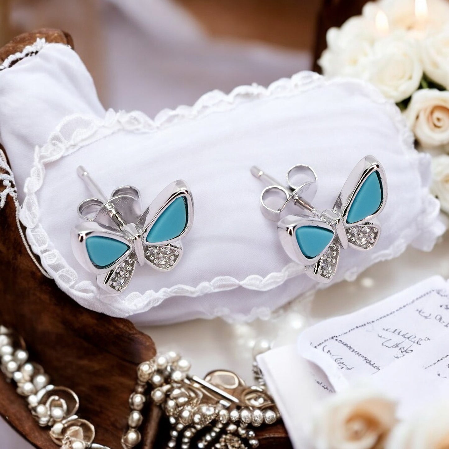 Cute blue butterfly shaped sterling silver earring