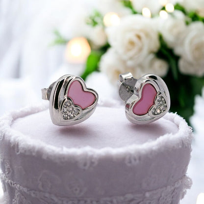 Cute pink heart shaped sterling silver earring