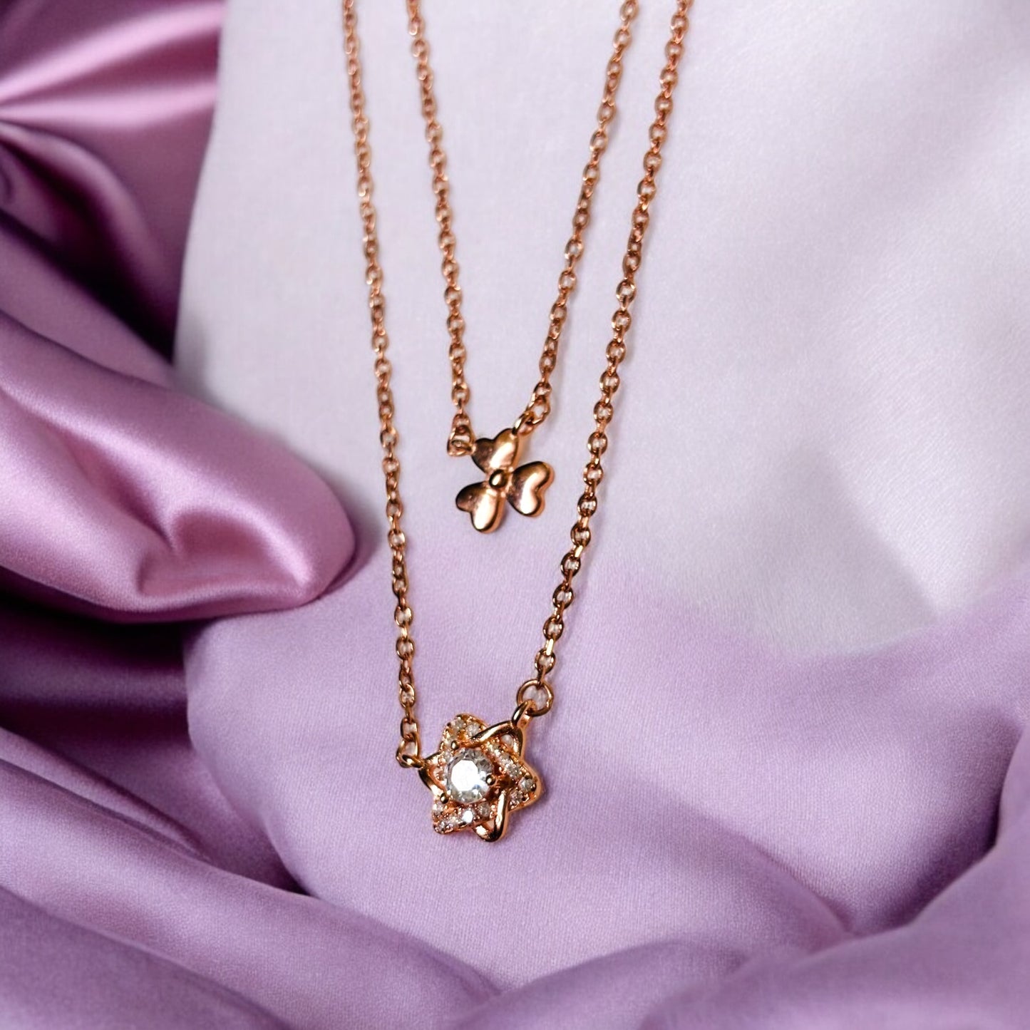 Double layer floral rose gold necklace