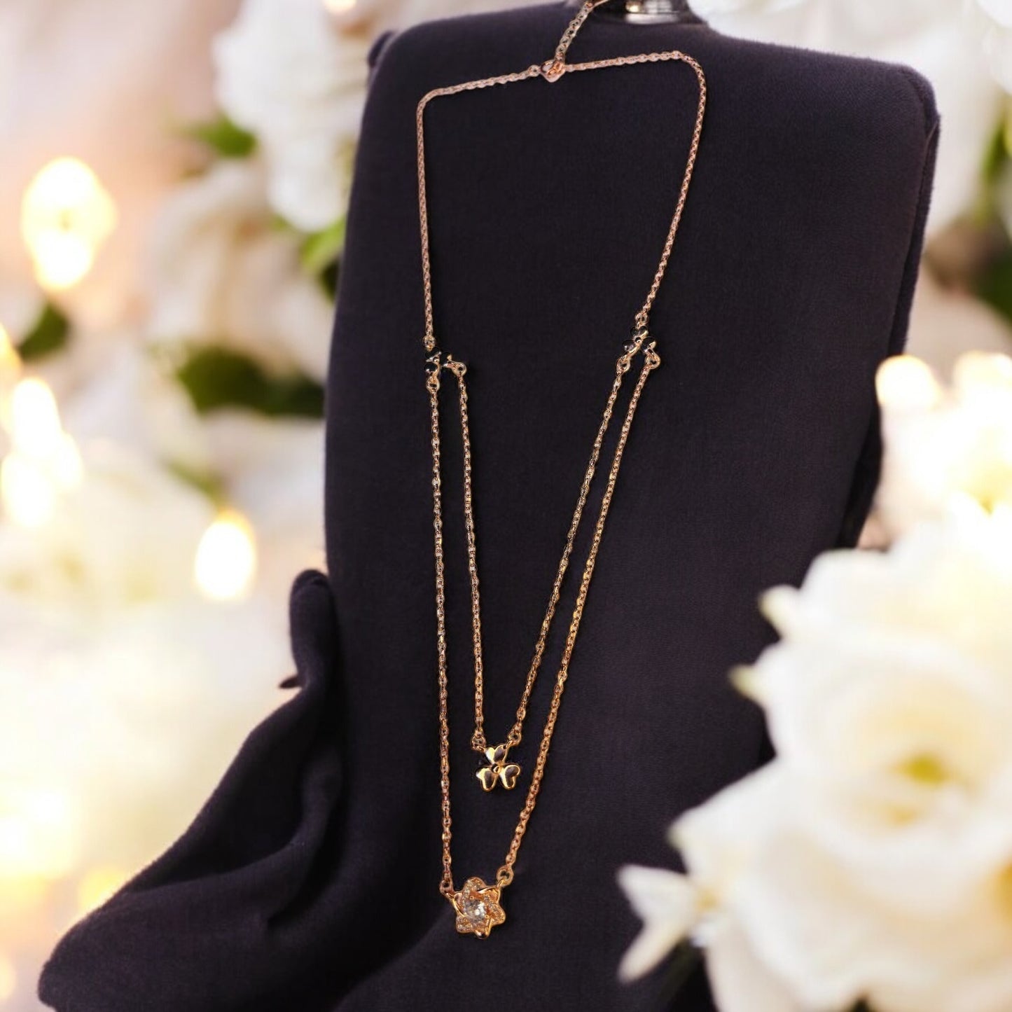 Double layer floral rose gold necklace