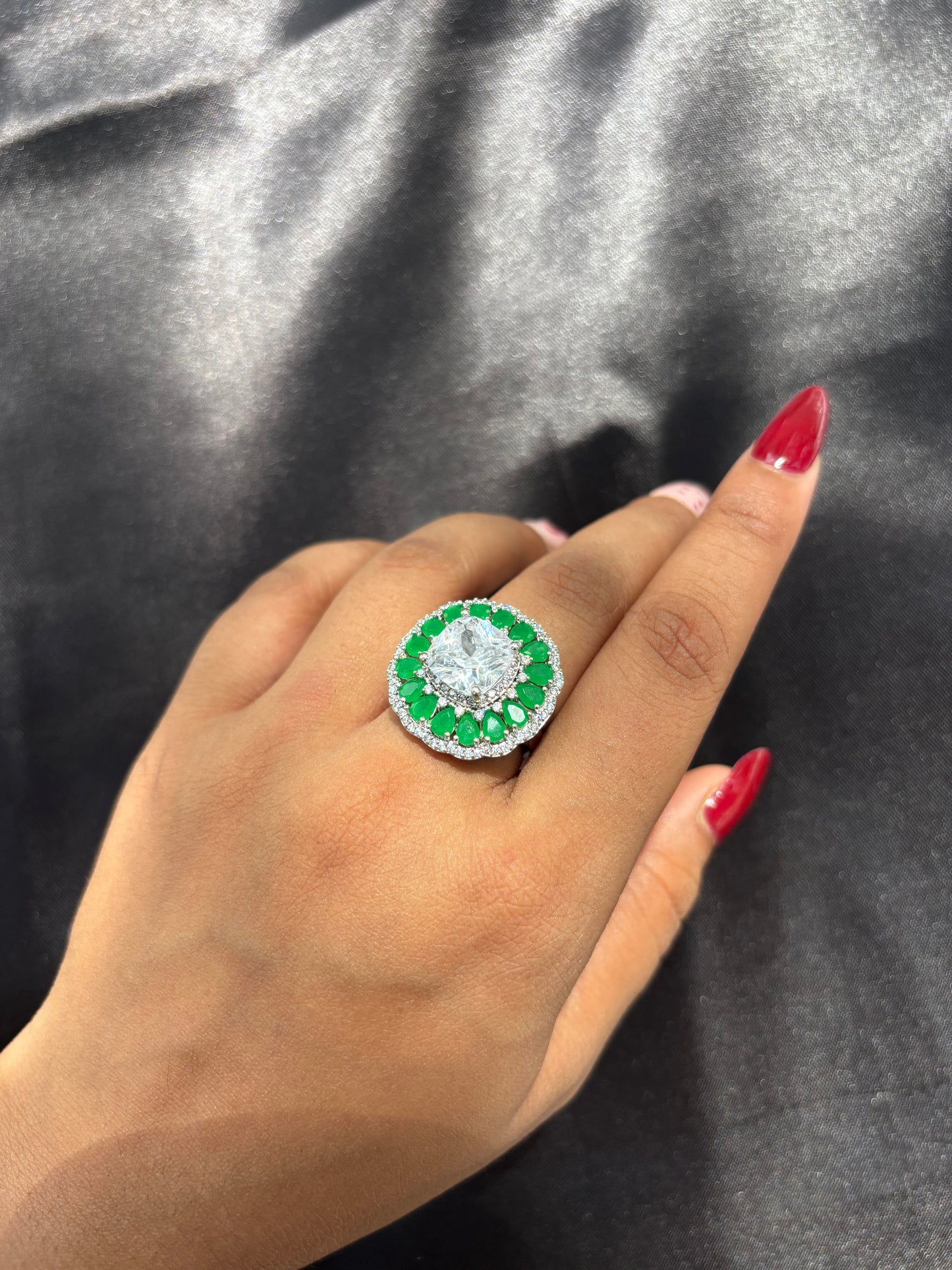 Emerald studded diamond Cocktail adjustable ring