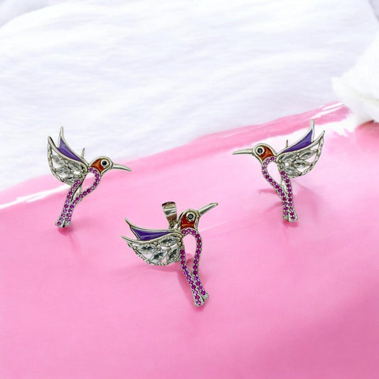 CZ Enamel Humming bird pendant set