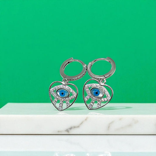Evil Eye in heart Silver Drop Earring